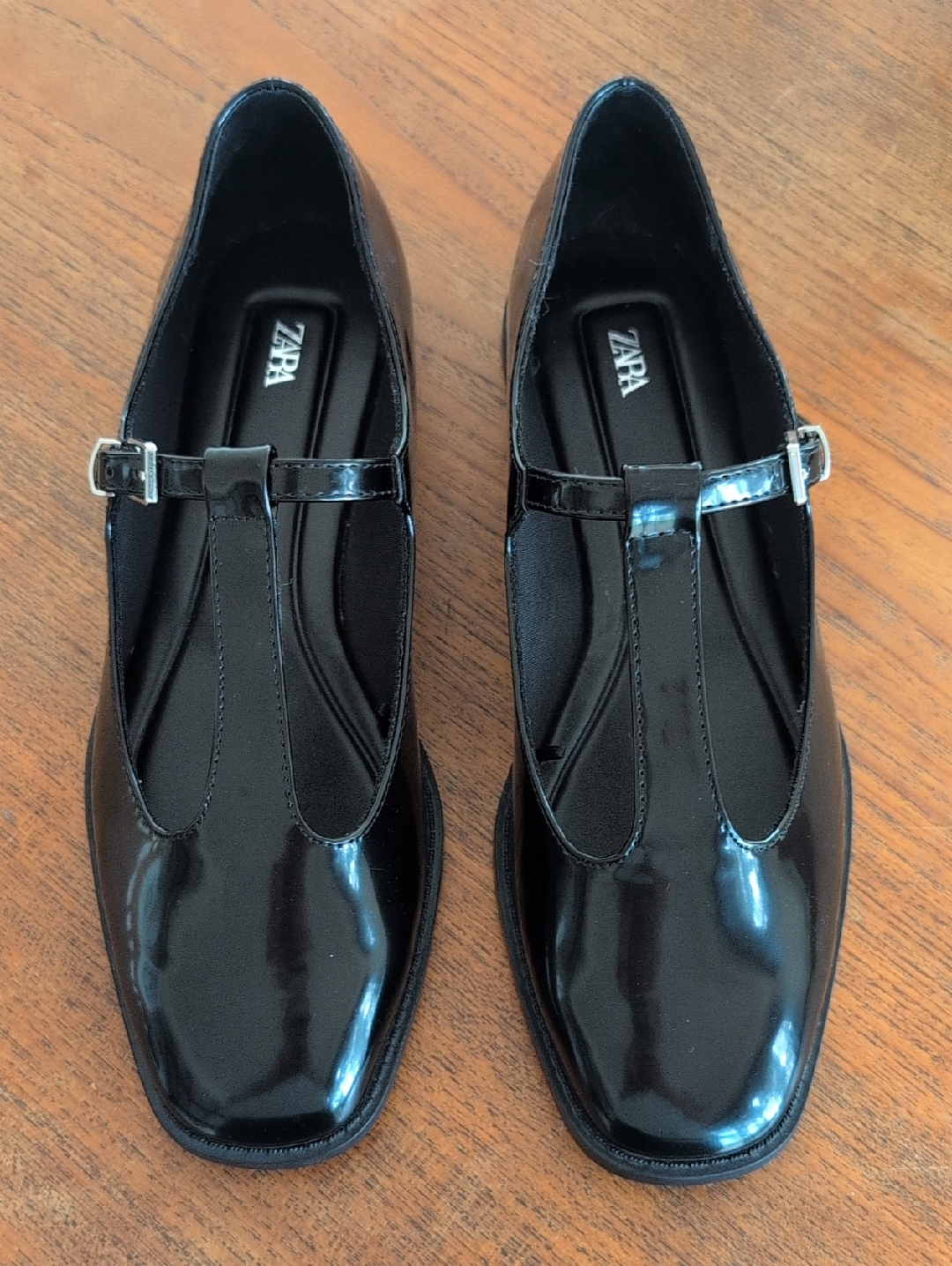 Zara Black Patent T-Strap Square-Toe Flats - Size 9 / Eur 40